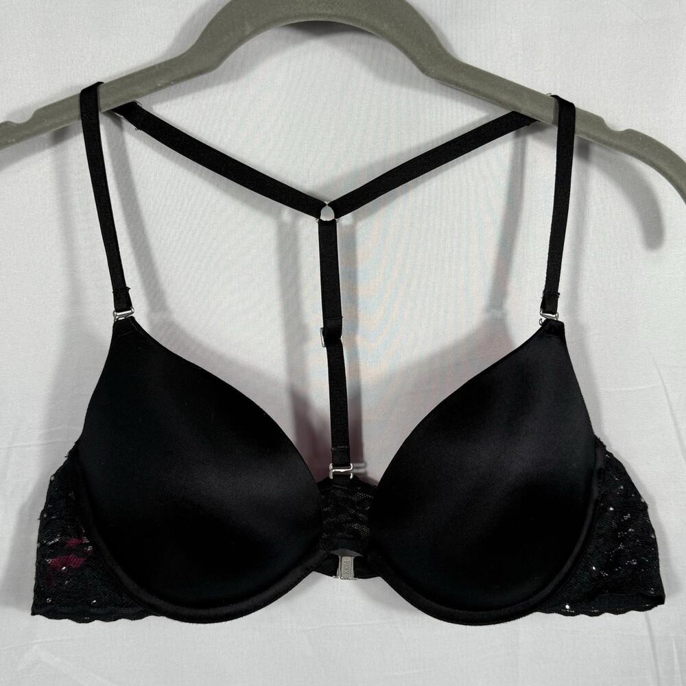 PINK‎ Victoria's Secret Black Lace/Rhinestone Push Up Racerback Bra SZ 32B